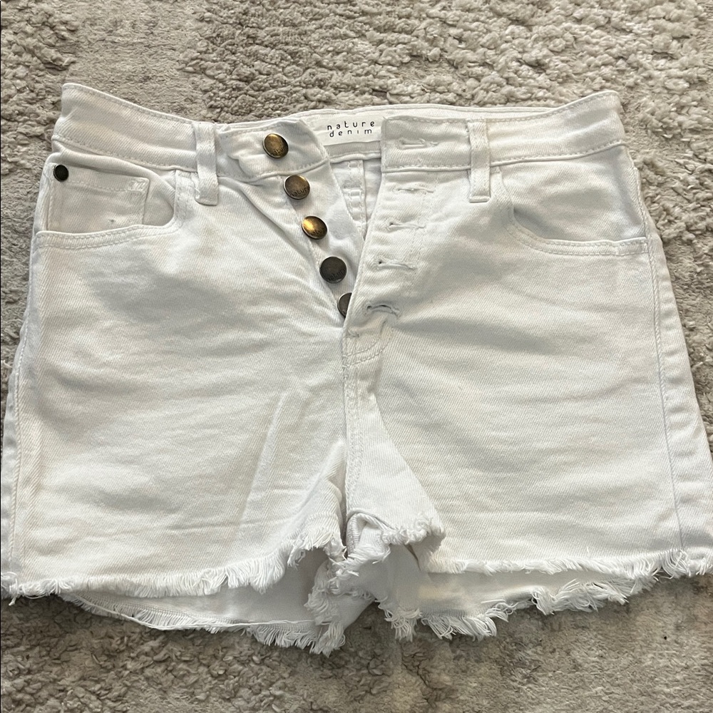 Nature Denim White Frayed Button-Front Jean Shorts
